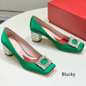 Дамски класически сватбени обувки с кристални копчета, дамски сатенени обувки за банкет и купоните на среден ток