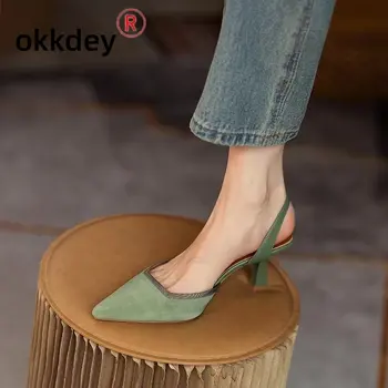 Нови Летни Модни Универсални дамски сандали на среден ток с остър пръсти, Прости женски Черни Сандали на тесен ток с каишка отзад