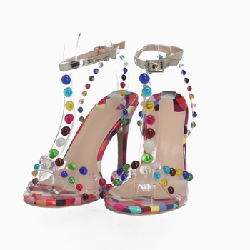 Цветни Обувки-лодка Дантела с Мъниста, Дамски Обувки с Отворени Пръсти от PVC с Каишка и Катарама, Обувки на Висок Ток на висок ток, Мода 2023, Zapatillas Mujer