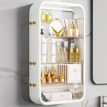 Лека луксозна кутия за съхранение на козметика, монтиран на стената рафтове за съхранение без перфорация, голяма обемът рафтове за грижа за кожата в банята