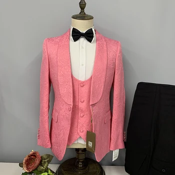 Луксозен мъжки комплект с блейзером 2023, розов принт, всекидневни свободен празничен сватбен комплект от 3 теми (яке + панталон + елек)