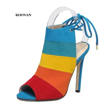 Дамски обувки Koovan, обувки-лодки, обувки на висок ток, дъгата цвят, смесени с цветове сандали 