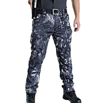 Мъжки зимни водоустойчив туристическа чанта за риболов, тактическа мека обвивка от акульей на кожата, туристически военни панталони, плюшени армейските ловни туристически панталони
