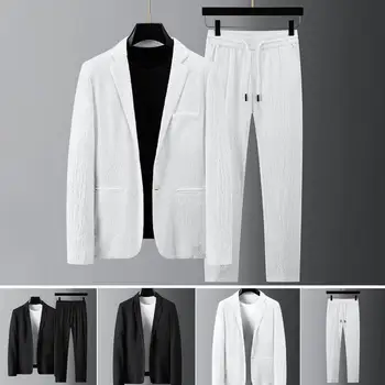 1 комплект популярните сака-панталон с джобове дантела, моющаяся однотонная яке, панталон с еластична талия