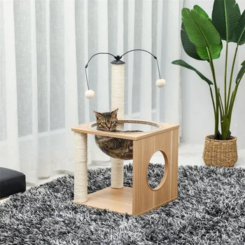 Модерна и стилна дървена когтеточка за котки, дърво, котешка кула - Прозрачно акрилно гнездо с 2 въртящи висят топки - Котка