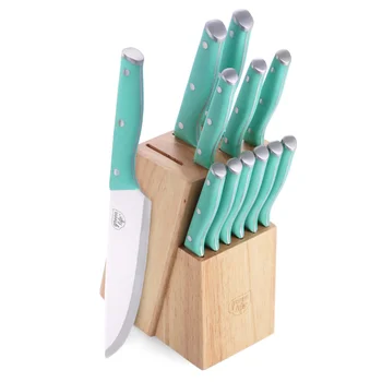 Комплект ножове за прибори за хранене GreenLife от Неръждаема Стомана, 13 предмети с Ножевым Блок, Тюркоаз с кухненски нож с фиксирано острие, нож