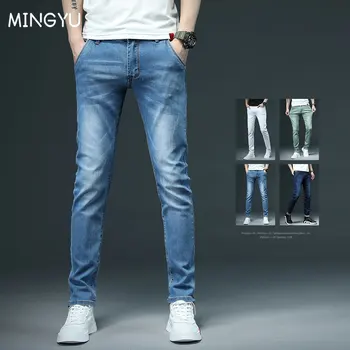 Модерна марка дрехи, обикновена памучни дънки, мъжки стегнати стрейчевые ежедневни тесни сини висококачествени класически дънкови панталони, мъжки 38