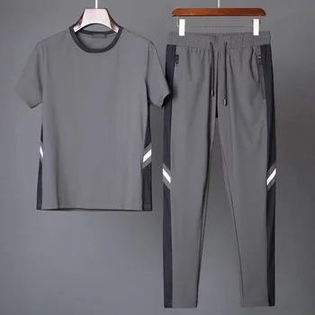 Мъжки готина и тънка тениска с къс ръкав + панталони, комплект от две части, однотонная риза + панталон, домашни костюми, мъжки размер