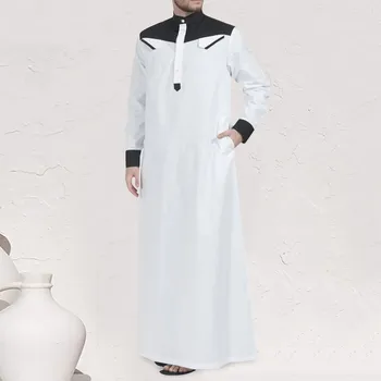 Традиционната мюсюлманска облекло в контрастен цвят, мюсюлманската рокля, близкият изток мъжки халат Jubba Thobe с дълги ръкави и деколте мандарина