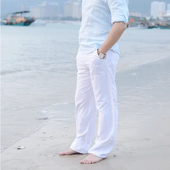 Мъжки памучни ленени панталони за краката, летни ежедневни удобни тайландски рибарски свободни дълги панталони, бели, черни, обикновена есенни големи размери