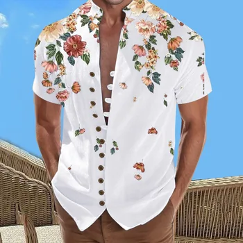 Ризи с гавайским принтом, 3d жилетка, риза за пътуване, почивка, кратко дигитален мъжки плажни дрехи с висока яка, ръкав за почивка