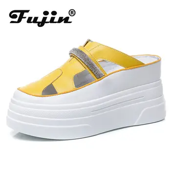 Fujin, 8 см, с кристали, от естествена кожа, дамски ежедневни обувки на платформа и танкетке, дамски сандали, благородна брандираната куха обувки