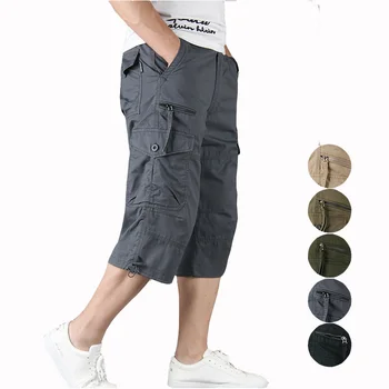 Мъжки панталони-карго, летен гащеризон, ежедневни спортни скъсяване на тънки свободни шорти, облекло, с множество джобове