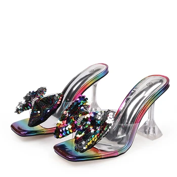 Прозрачни дамски чехли от PVC с високи токчета, модерни дамски чехли на висок ток с риба везни и лък, летни сандали, обувки