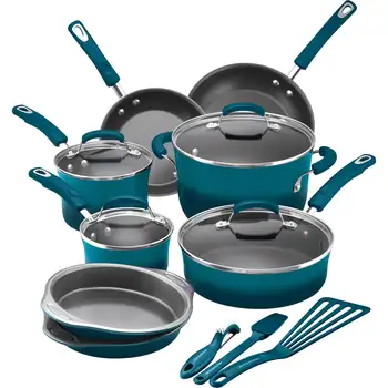 Комплект тенджери и тигани с незалепващо покритие от 15 теми /Комплект кухненски съдове за готвене, морско синьо