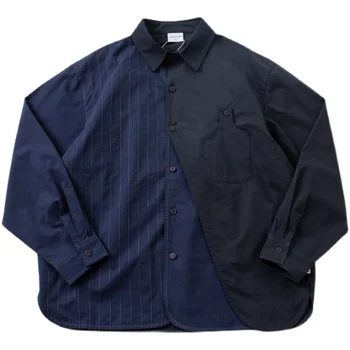 Японски свободен стил, зашити от две части в тъмно синя риза с дълги ръкави, сако, мъжко модно памучно пролет-есен палто