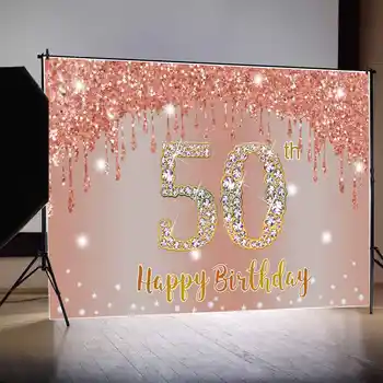 MOON.QG Фон за снимки на поръчка жените честит рожден Ден на Фона на Банер Подпори 50th Розов блясък на Диамант Вечерни фотосесия на стената