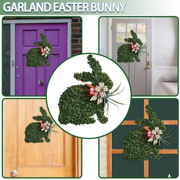 Венец с великден заек, венец от изкуствени зелени листа, венец за входната врата, пролетен венец за входната врата, стена, прозорец, интериор за дома