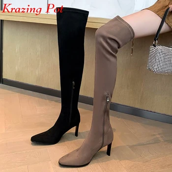 Krazing Pot/ зимни еластични обувки от флока с квадратни пръсти на висок ток, запазването на топлина, модни еластични ботуши над коляното в рыцарском стил