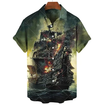 Реколта мъжки ризи с 3D модел на кораб-призрак, потници, блузи, тениски с къс ръкав с принтом на черепа, мъжки дрехи, ежедневни ризи, outdoor облекло