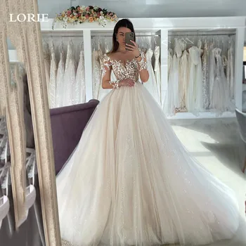LORIE Дантелени сватбени рокли цвят-светло шампанско с дълъг ръкав, светли булката рокля с пайети, сватбени рокли 2023