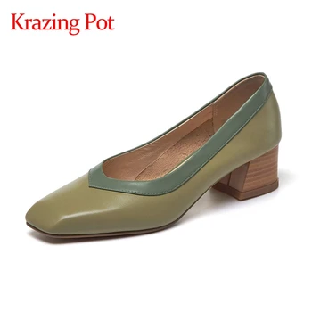Krazing Pot/ дамски обувки-лодка без обков от естествена кожа с квадратни пръсти на среден ток, многоцветни, в британска училищна мода, ежедневни облекла, L25