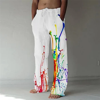 Мъжки Пигментни прави Панталони С 3D Принтом, Еластичен Дизайн на съвсем малък, Предни Джоба, Панталони, хавлии за Плаж, Графични Щампи Цветове на Дъгата, Комфорт