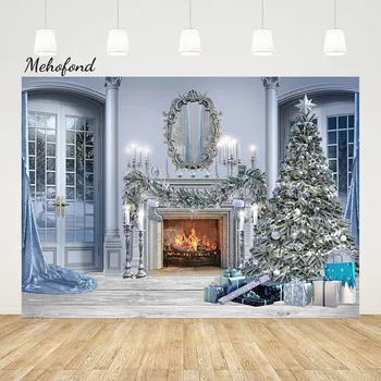 Мехофонд, зимна Коледна дворец фон за снимки, Коледна елха, камина, интериор за семеен фестивал, на фона на студийната фотосесия