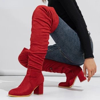 Кадифе, еластични ботуши над коляното, дамски зимни обувки 2023 година от естествена кожа на висок ток, Ephesus Femme, кафяви пикантни ботуши до бедрата