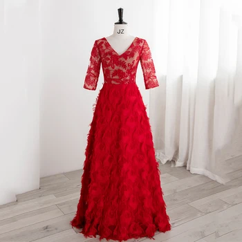 Вечерна рокля на червения цвят с V-образно деколте, дължина до пода, половината ръкав, бродерия, дантела, трапециевидные луксозни нови дамски официални рокли големи размери XE071