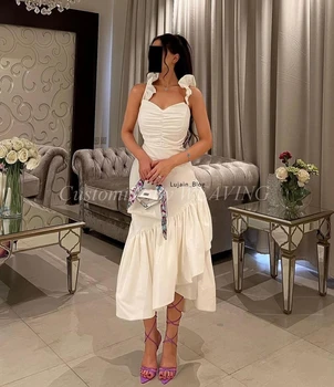Бели сатенени асиметрични рокли за абитуриентски бал, Русалка, сладко, чаена дължина, Саудитски арабски дамски официални рокли, официални тоалети
