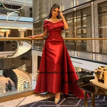 Червена Русалка Саудитска Арабия Вечерни рокли с плисета на раменете Атласное дълга вечерна рокля за абитуриентски бал с пола Дубайские вечерни рокли