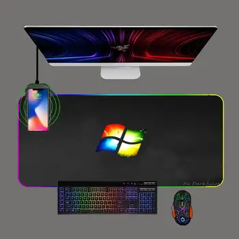 Windows HD Черните тапети Голяма подложка за мишка RGB Безжично зареждане на телефона XXL подложки за клавиатура, Компютърна офис Мека подложка за мишка