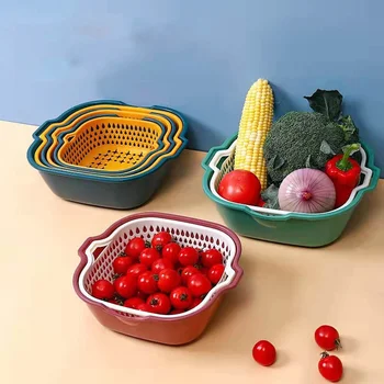 Многофункционална мивка за плодове и зеленчуци с двоен плат, кошница за миене на съдове, кухненски тава за съхранение, инструмент за дома, 6 бр