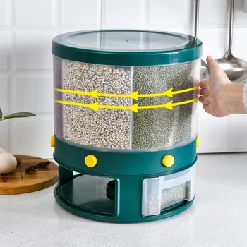 Въртящи решетеста диспенсер за ориз, херметично затворен кофа за зърно, мерителна контейнер, Кухненско кофа за съхранение на зърно, ориз, органайзер за продукта